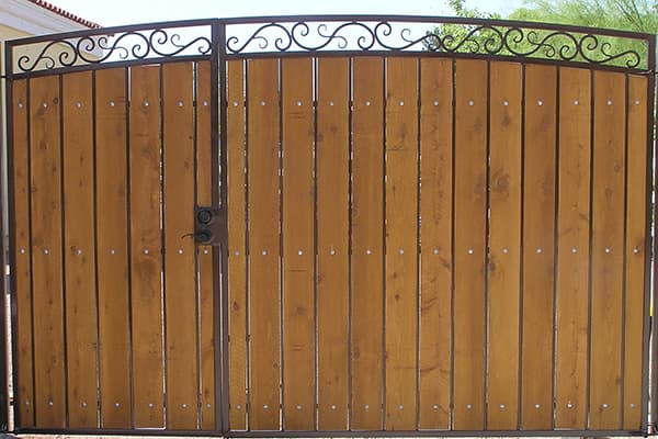 Decorative RV Gate with Walk Gate Stained and Sealed Wood