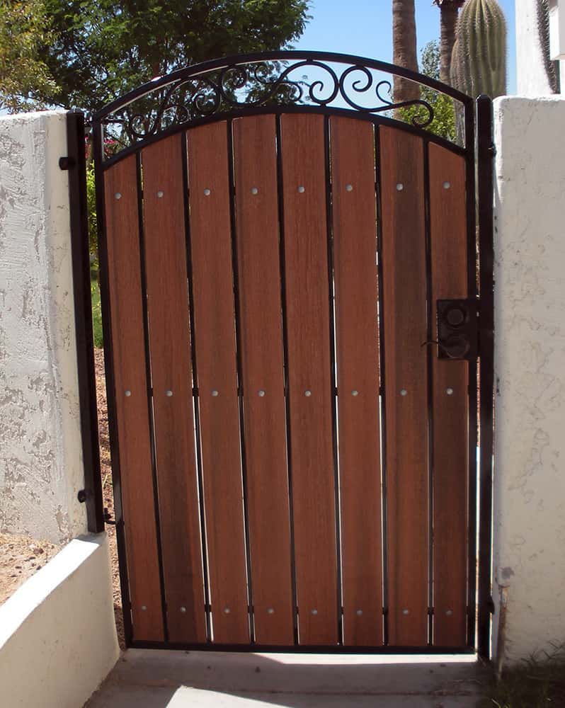 Arched Pedestrian Gate Showing Redwood Composite and Black Steel